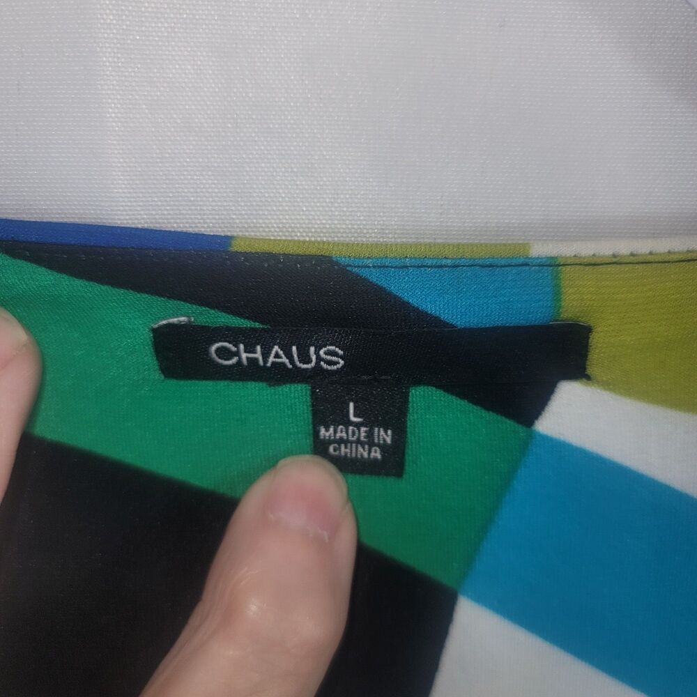 Chaus New York Geometric Faux Wrap Dress Large Blue Green 3/4 Sleeve Lined - Picture 2 of 10